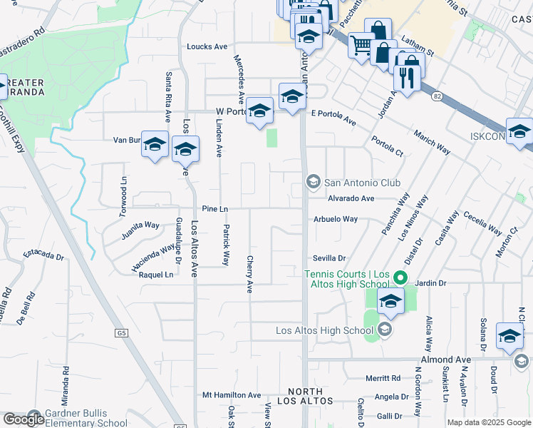 map of restaurants, bars, coffee shops, grocery stores, and more near 106 Pine Lane in Los Altos