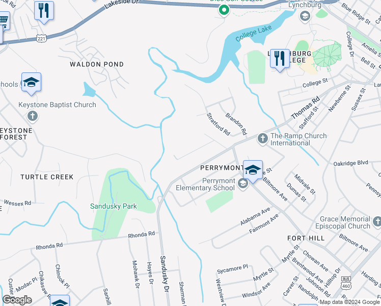 map of restaurants, bars, coffee shops, grocery stores, and more near 4623 Ferncliff Drive in Lynchburg