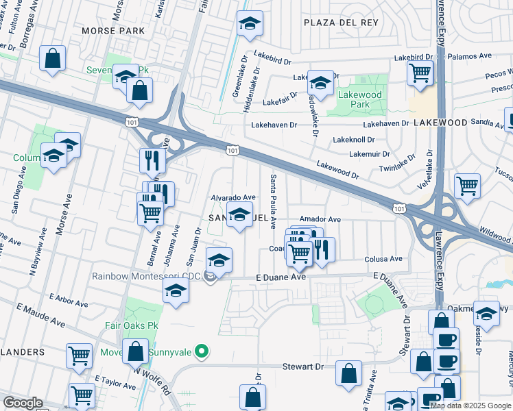 map of restaurants, bars, coffee shops, grocery stores, and more near 779 San Pablo Avenue in Sunnyvale