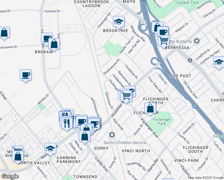 map of restaurants, bars, coffee shops, grocery stores, and more near 2013 Forgetree Court in San Jose