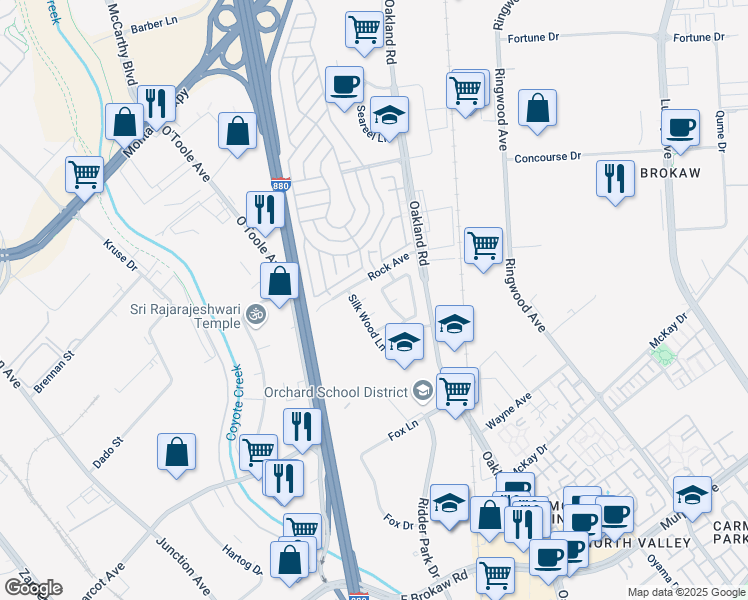 map of restaurants, bars, coffee shops, grocery stores, and more near 1031 Mapleton Court in San Jose
