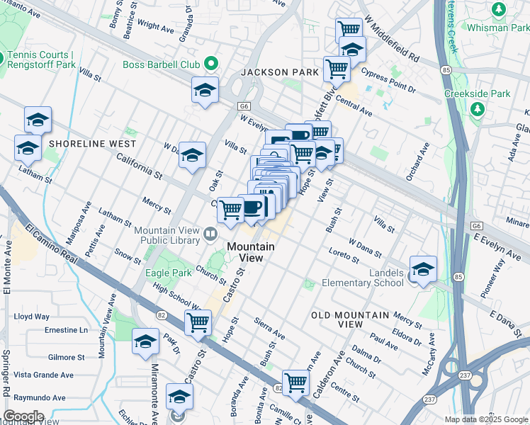 map of restaurants, bars, coffee shops, grocery stores, and more near 360 Castro Street in Mountain View