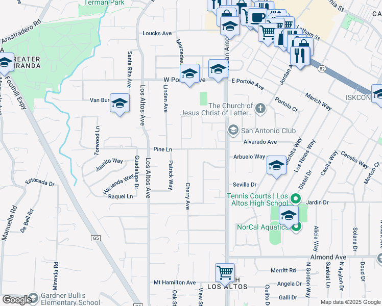 map of restaurants, bars, coffee shops, grocery stores, and more near 585 Cherry Avenue in Los Altos