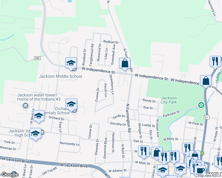 map of restaurants, bars, coffee shops, grocery stores, and more near 803 Strawberry Lane in Jackson