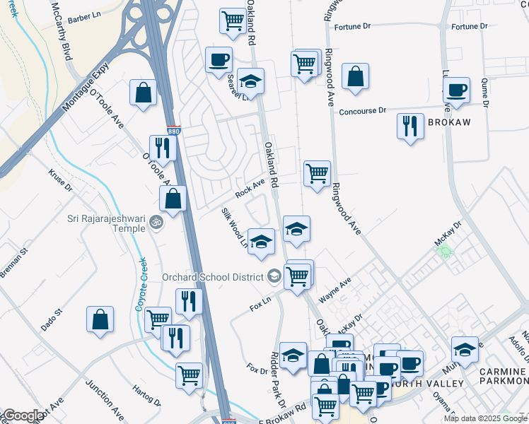 map of restaurants, bars, coffee shops, grocery stores, and more near 1974 Bright Willow Circle in San Jose