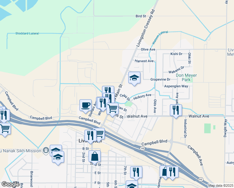 map of restaurants, bars, coffee shops, grocery stores, and more near Livingston Cressey Road in Livingston