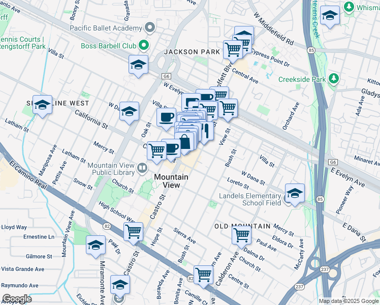 map of restaurants, bars, coffee shops, grocery stores, and more near 705 West Dana Street in Mountain View