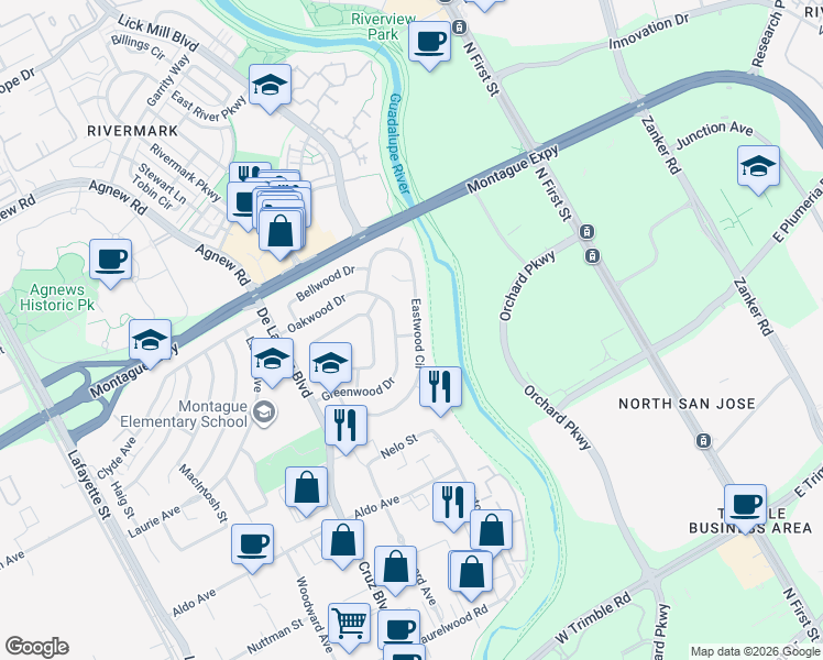 map of restaurants, bars, coffee shops, grocery stores, and more near 3706 Eastwood Circle in Santa Clara