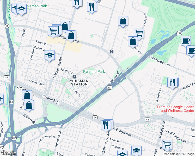 map of restaurants, bars, coffee shops, grocery stores, and more near 143 Orbit Way in Mountain View