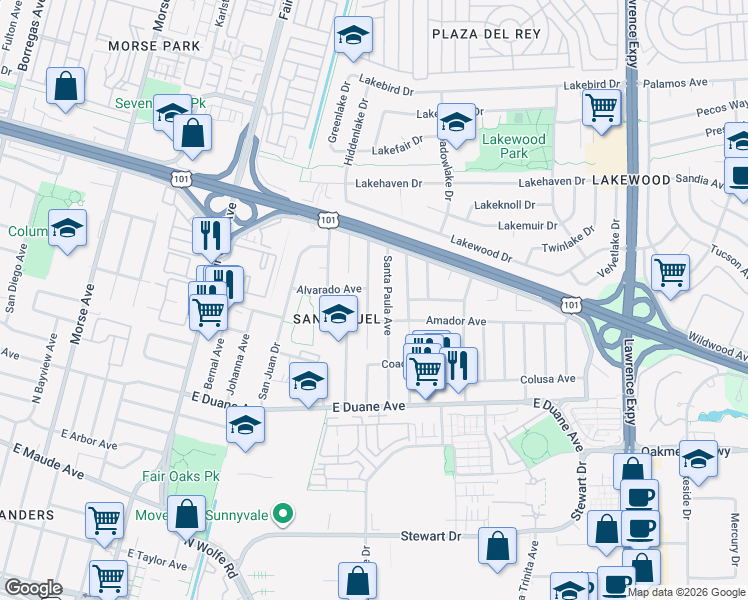 map of restaurants, bars, coffee shops, grocery stores, and more near 780 San Pablo Avenue in Sunnyvale