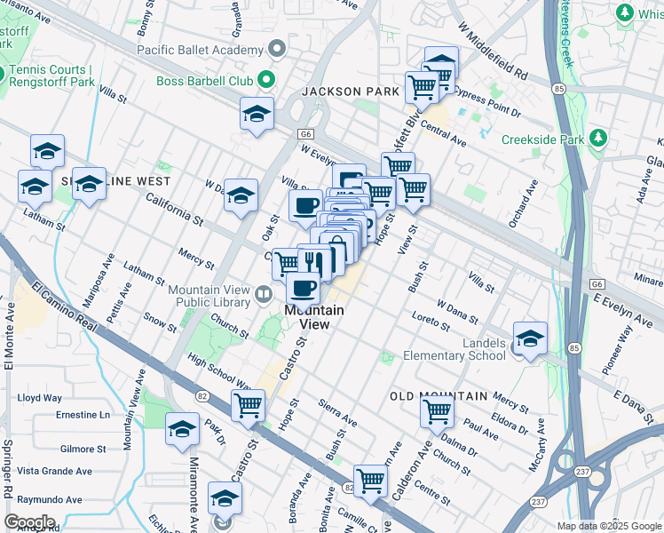 map of restaurants, bars, coffee shops, grocery stores, and more near 360 Castro Street in Mountain View