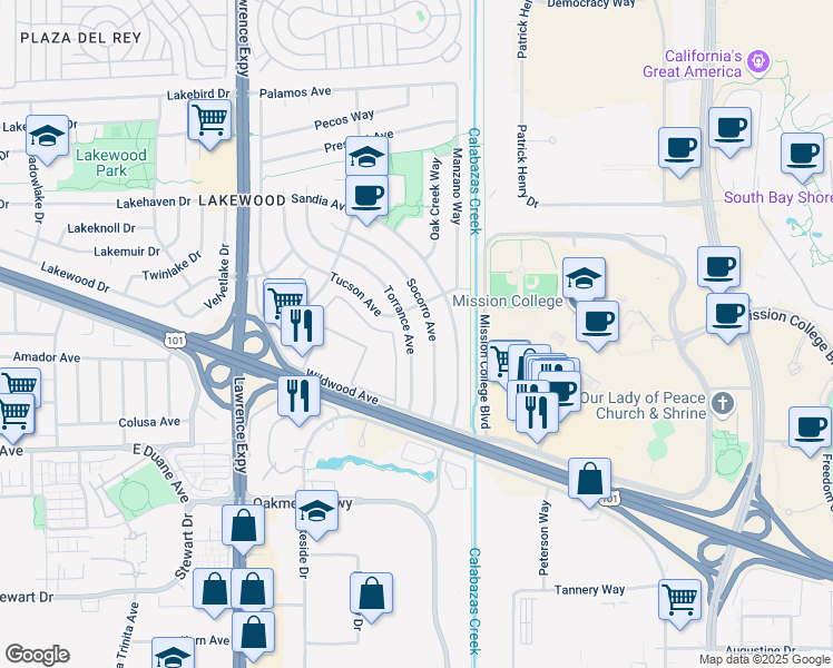 map of restaurants, bars, coffee shops, grocery stores, and more near 1317 Torrance Avenue in Sunnyvale