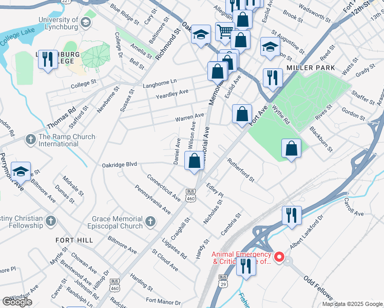 map of restaurants, bars, coffee shops, grocery stores, and more near 3410 Wilson Avenue in Lynchburg