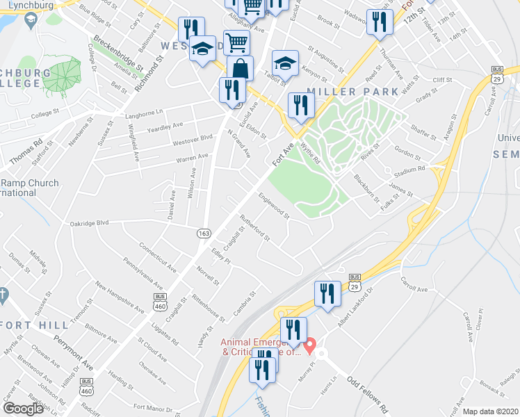 map of restaurants, bars, coffee shops, grocery stores, and more near 1505 Russell Street in Lynchburg