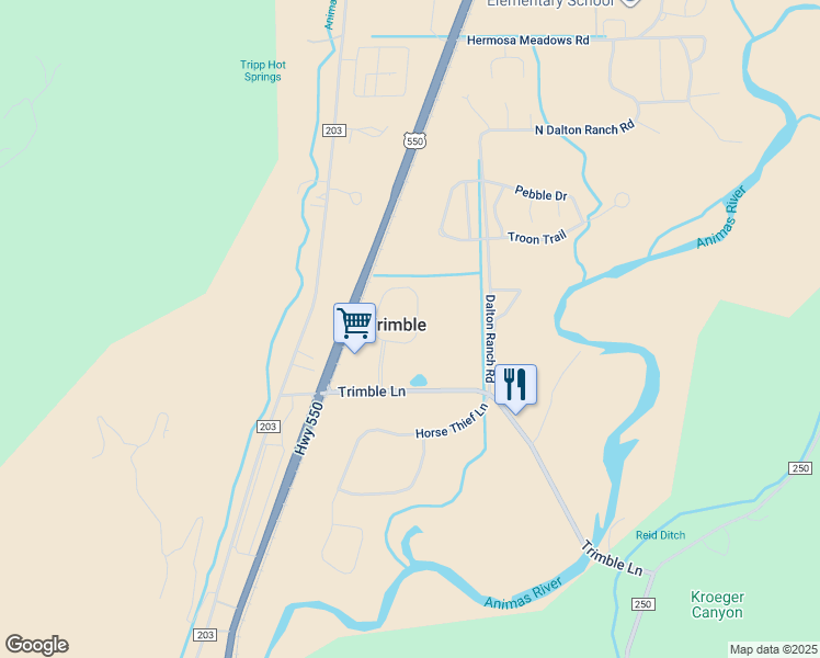map of restaurants, bars, coffee shops, grocery stores, and more near 191 Trimble Crossing Dr in Durango