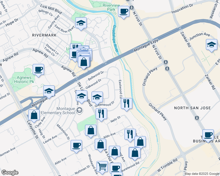 map of restaurants, bars, coffee shops, grocery stores, and more near 3763 Edgefield Drive in Santa Clara