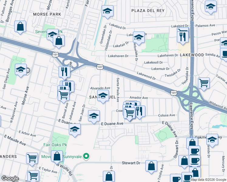 map of restaurants, bars, coffee shops, grocery stores, and more near 780 San Pablo Avenue in Sunnyvale
