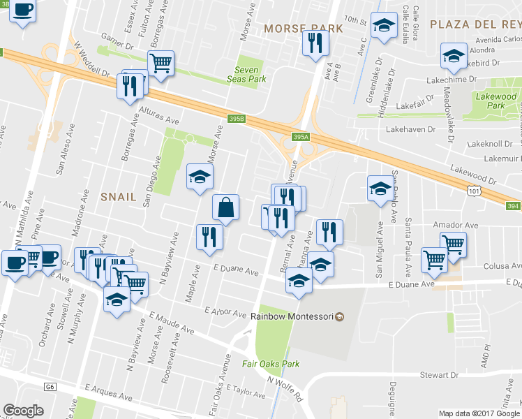 map of restaurants, bars, coffee shops, grocery stores, and more near 613 San Conrado Terrace in Sunnyvale