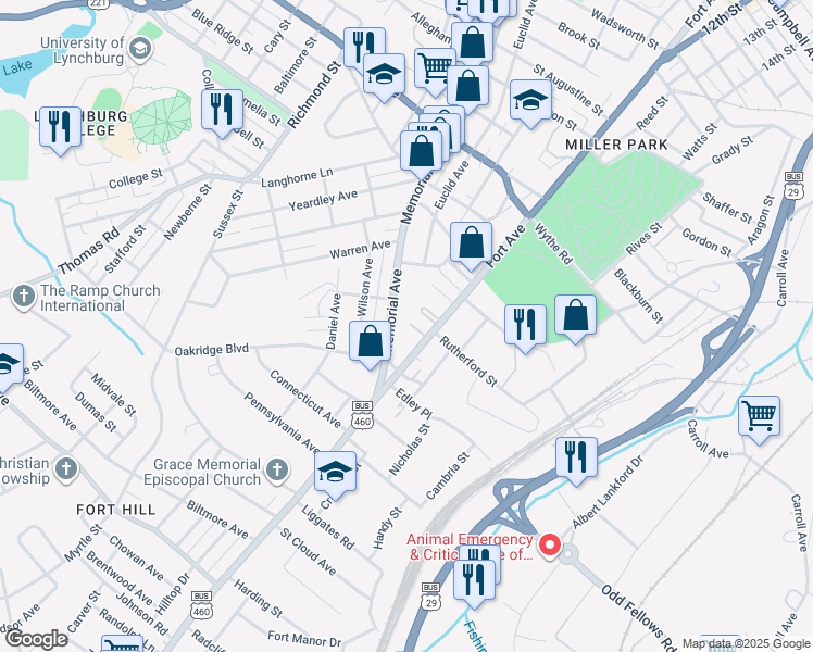 map of restaurants, bars, coffee shops, grocery stores, and more near 3402 Memorial Avenue in Lynchburg