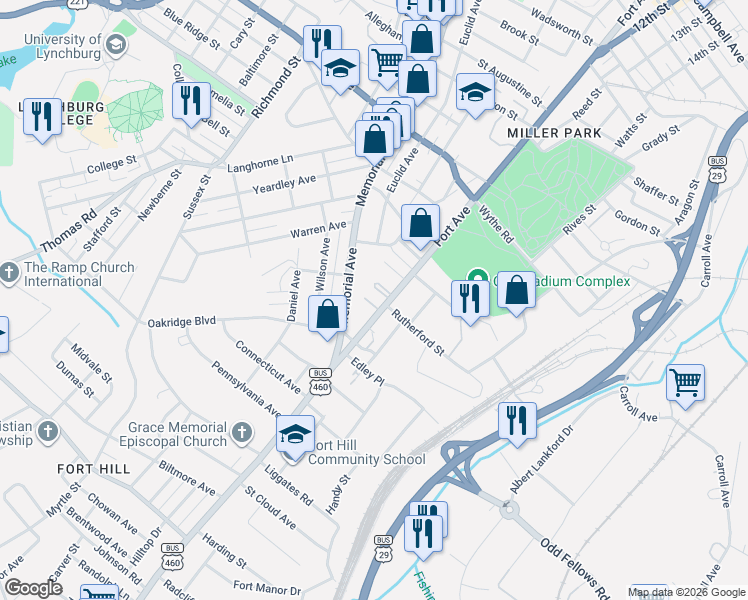 map of restaurants, bars, coffee shops, grocery stores, and more near 3501 Fort Avenue in Lynchburg