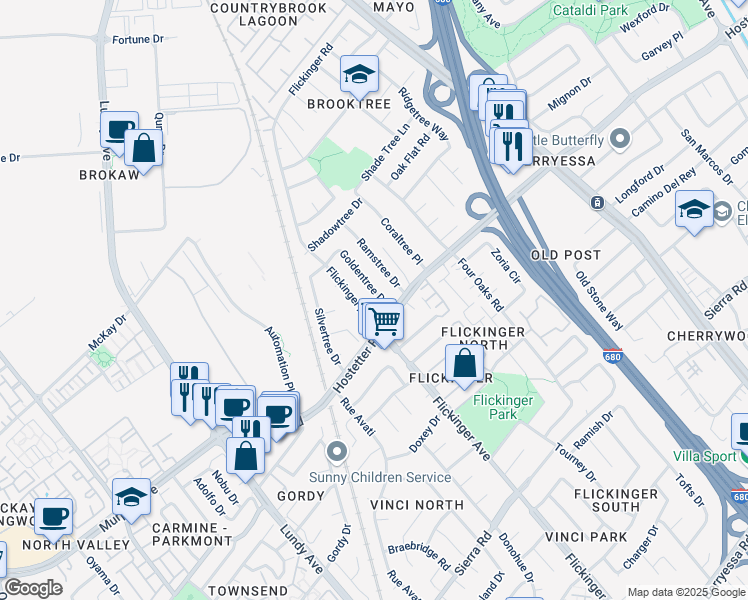 map of restaurants, bars, coffee shops, grocery stores, and more near 1619 Goldentree Dr in San Jose