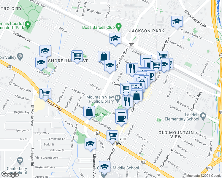 map of restaurants, bars, coffee shops, grocery stores, and more near 460 Oak Street in Mountain View