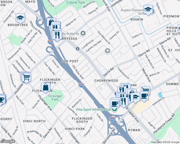 map of restaurants, bars, coffee shops, grocery stores, and more near 2333 Old Post Way in San Jose