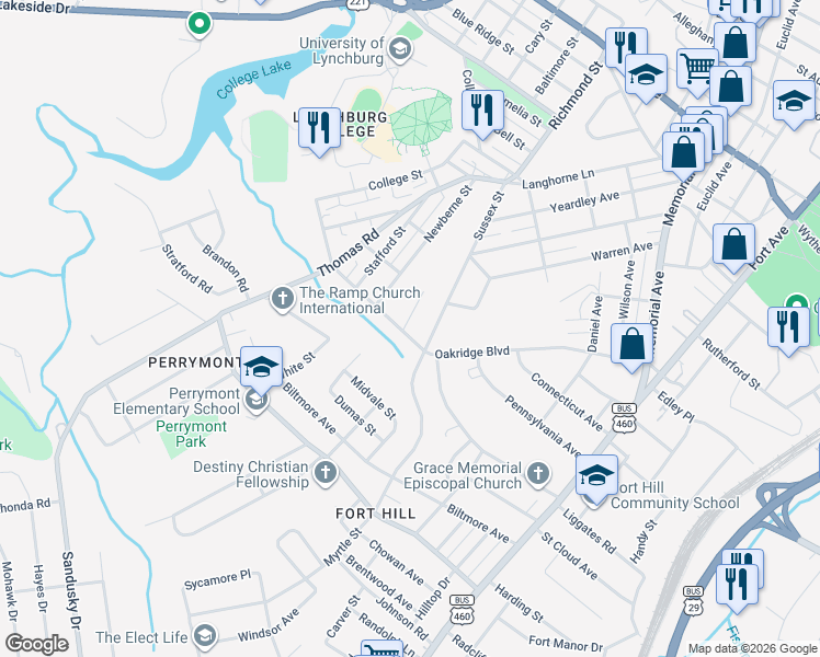 map of restaurants, bars, coffee shops, grocery stores, and more near 712 McCausland Street in Lynchburg