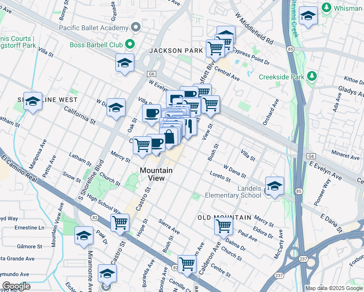 map of restaurants, bars, coffee shops, grocery stores, and more near 705 West Dana Street in Mountain View