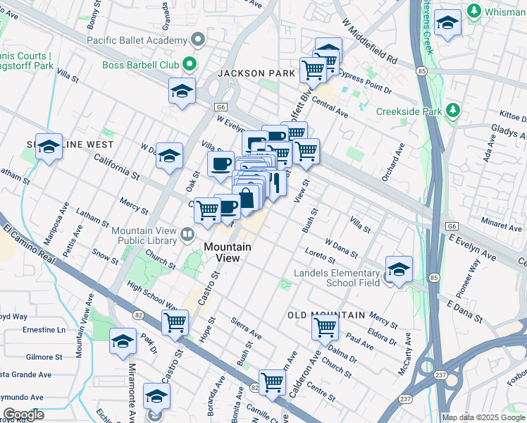 map of restaurants, bars, coffee shops, grocery stores, and more near 705 West Dana Street in Mountain View