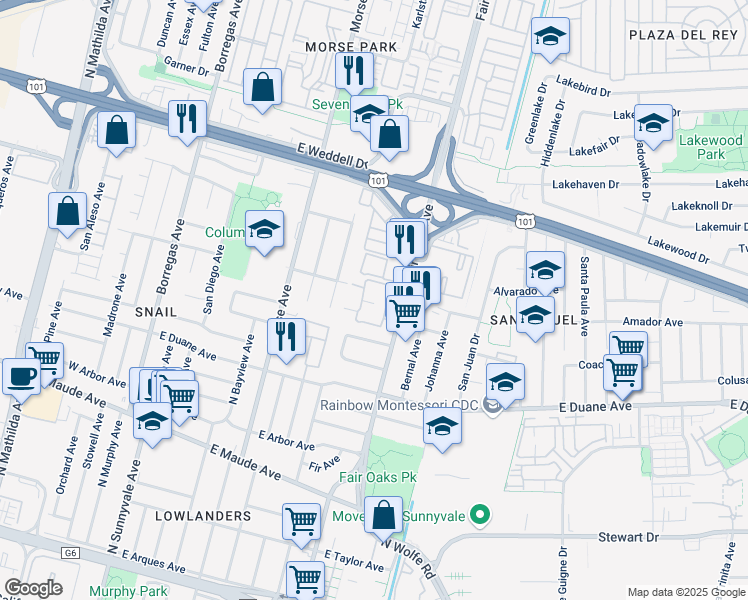 map of restaurants, bars, coffee shops, grocery stores, and more near 613 San Conrado Terrace in Sunnyvale