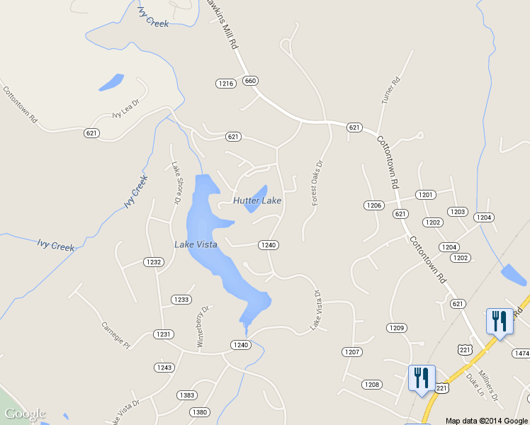 map of restaurants, bars, coffee shops, grocery stores, and more near 142 Sunset Ridge Rd in Forest