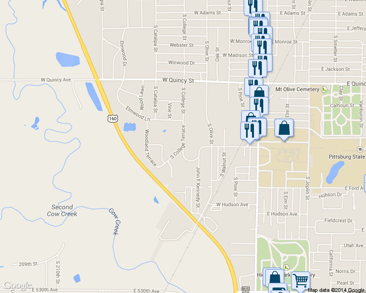 map of restaurants, bars, coffee shops, grocery stores, and more near 1715 S College Terrace in Pittsburg