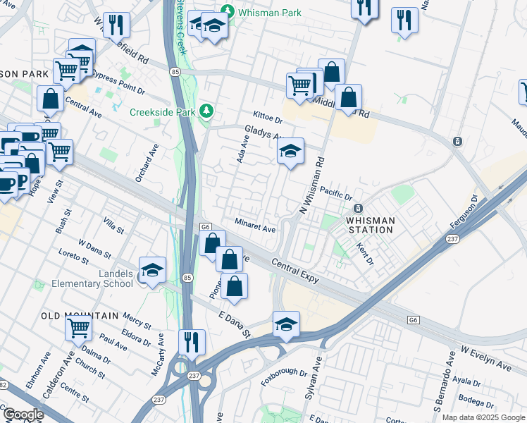 map of restaurants, bars, coffee shops, grocery stores, and more near 142 Avellino Way in Mountain View
