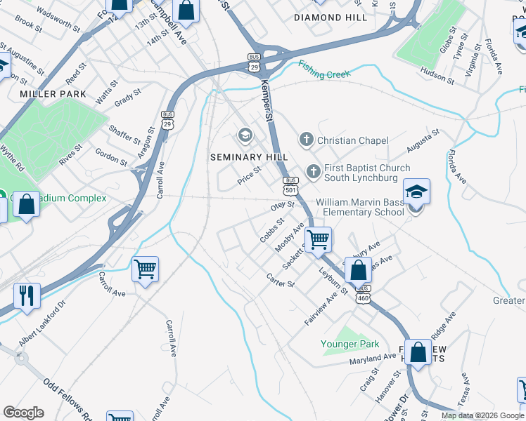 map of restaurants, bars, coffee shops, grocery stores, and more near 2267 Otey Street in Lynchburg
