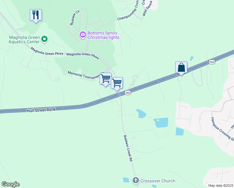 map of restaurants, bars, coffee shops, grocery stores, and more near 17308 Hull Street Road in Moseley