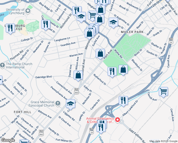 map of restaurants, bars, coffee shops, grocery stores, and more near 3501 Fort Avenue in Lynchburg