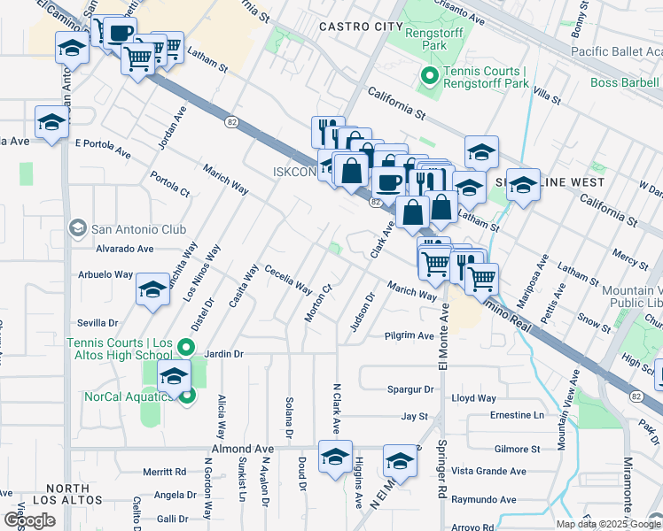 map of restaurants, bars, coffee shops, grocery stores, and more near 1036 Ashley Place in Mountain View