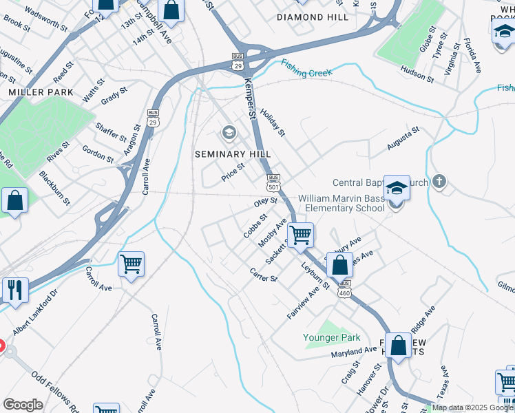 map of restaurants, bars, coffee shops, grocery stores, and more near 2232 Otey Street in Lynchburg