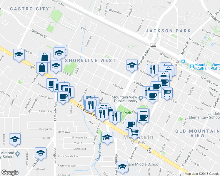 map of restaurants, bars, coffee shops, grocery stores, and more near 533 Palo Alto Avenue in Mountain View