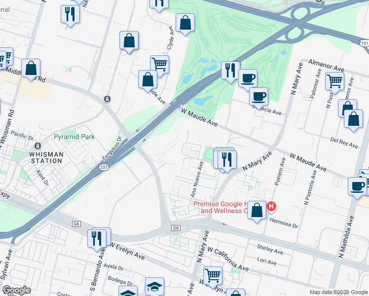 map of restaurants, bars, coffee shops, grocery stores, and more near 473 Costa Mesa Terrace in Sunnyvale