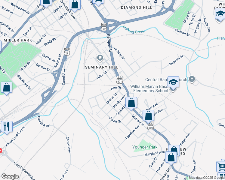 map of restaurants, bars, coffee shops, grocery stores, and more near 2232 Otey Street in Lynchburg