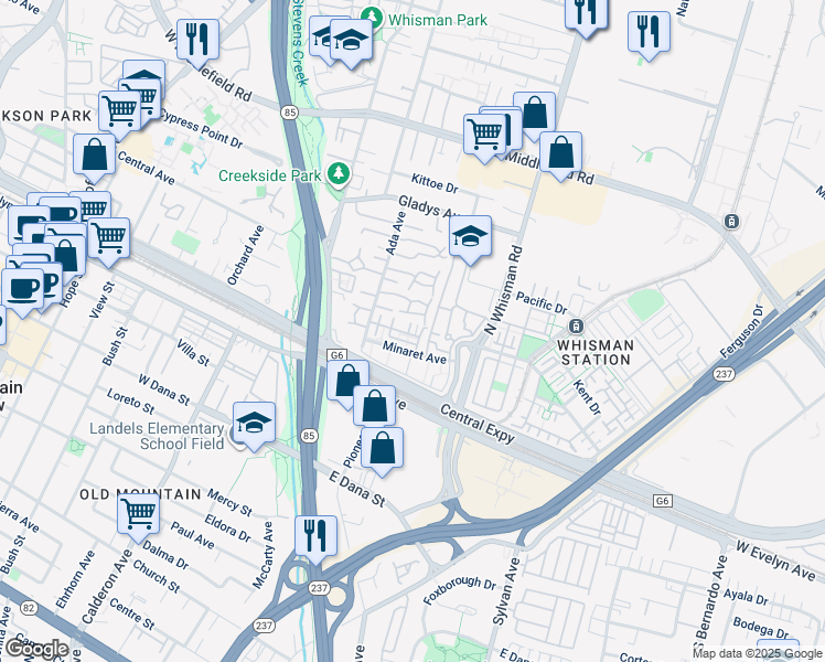 map of restaurants, bars, coffee shops, grocery stores, and more near 128 Avellino Way in Mountain View