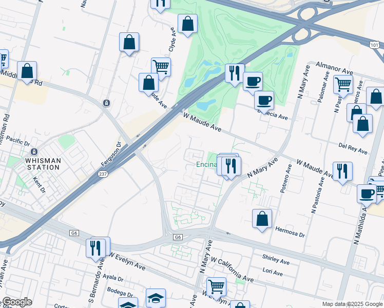 map of restaurants, bars, coffee shops, grocery stores, and more near 437 Costa Mesa Terrace in Sunnyvale