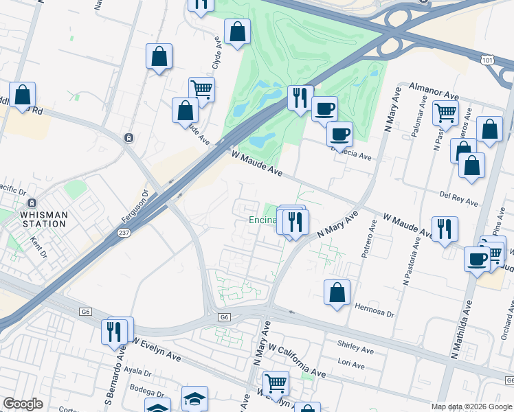 map of restaurants, bars, coffee shops, grocery stores, and more near 449 Costa Mesa Terrace in Sunnyvale