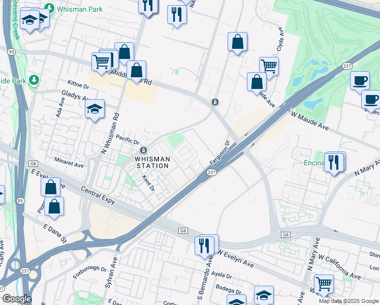 map of restaurants, bars, coffee shops, grocery stores, and more near 211 Orbit Way in Mountain View