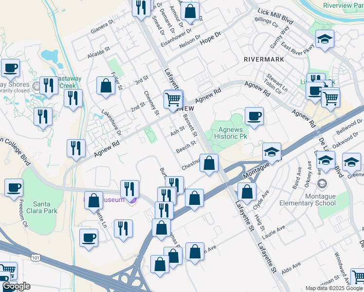 map of restaurants, bars, coffee shops, grocery stores, and more near 1913 Beech Street in Santa Clara