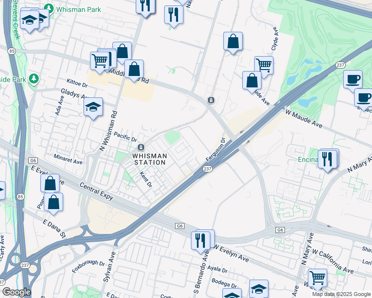 map of restaurants, bars, coffee shops, grocery stores, and more near 211 Orbit Way in Mountain View