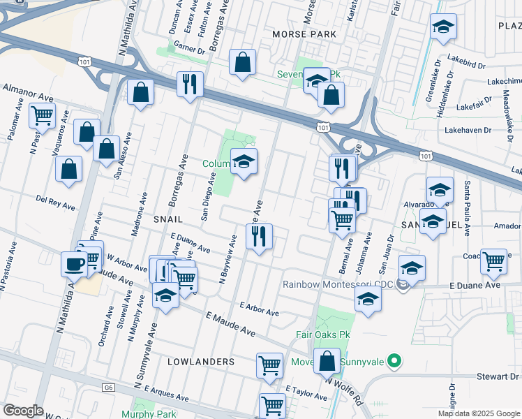 map of restaurants, bars, coffee shops, grocery stores, and more near 674 Morse Avenue in Sunnyvale