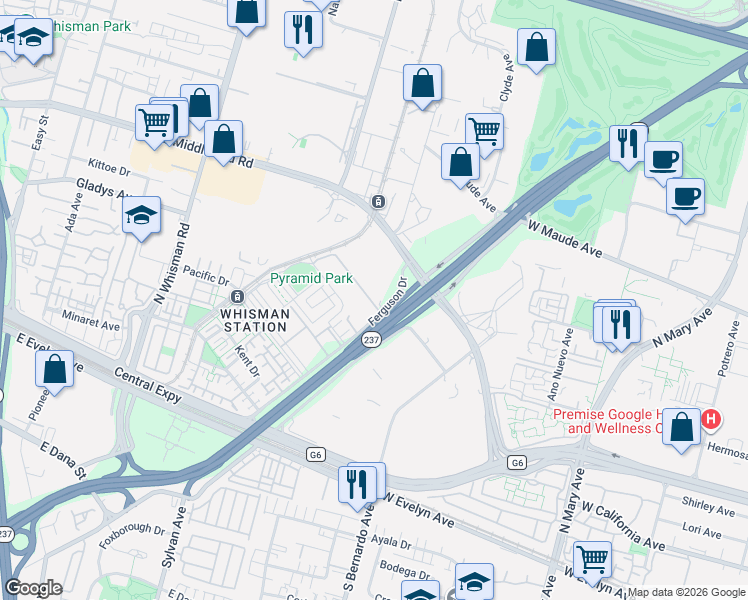 map of restaurants, bars, coffee shops, grocery stores, and more near 200 Infinity Way in Mountain View